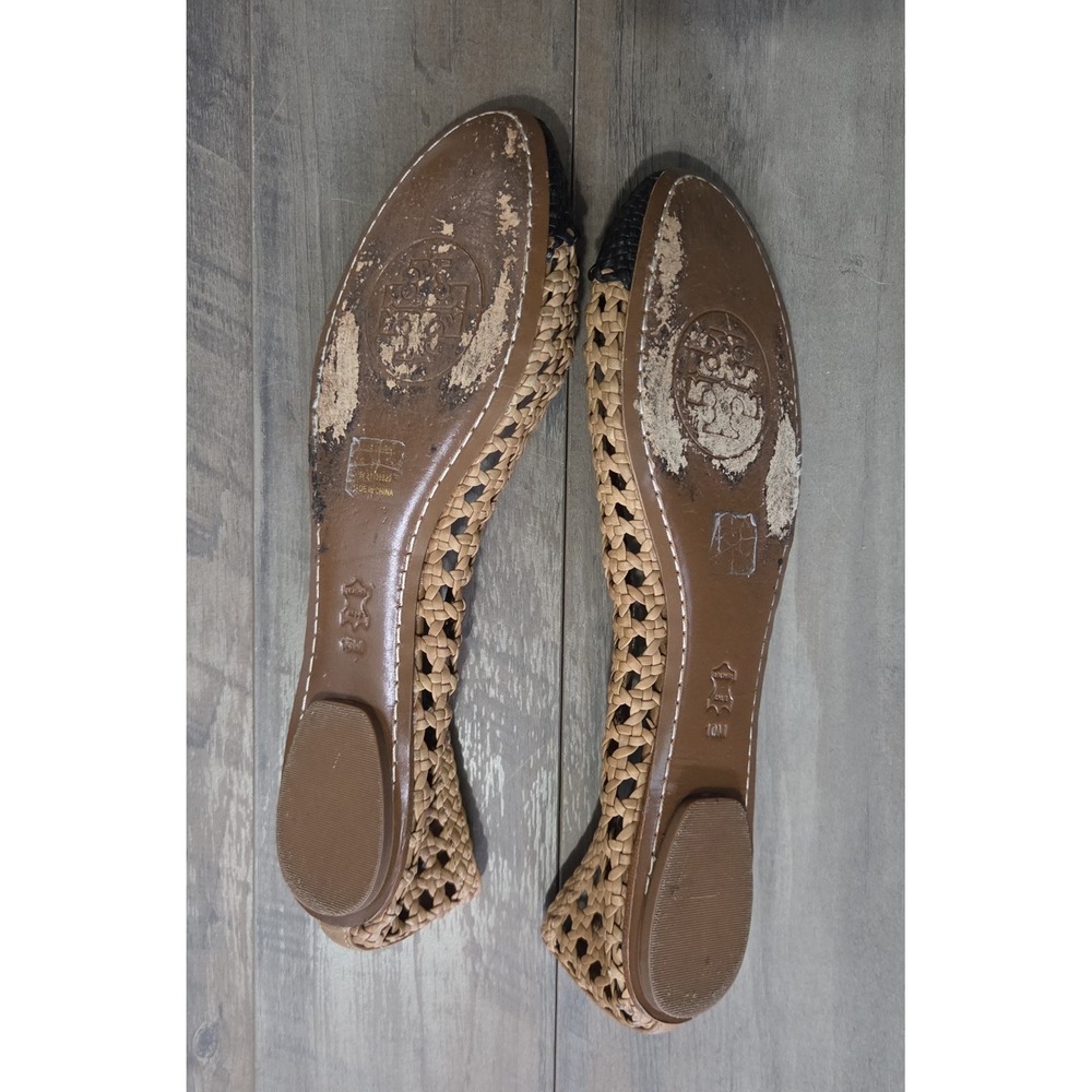 Tory Burch Carlyle Tan & Black Woven Leather Ballerina Flats W/Gold Bow Women 10 - Picture 3 of 5